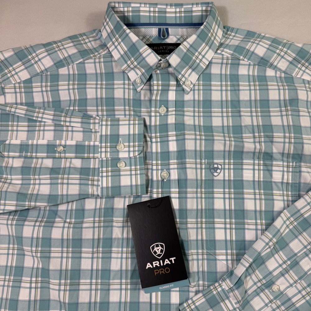 Ariat Pro Series Shirt Mens Large Teal Plaid Long Sleeve Classic Fit Western NEW